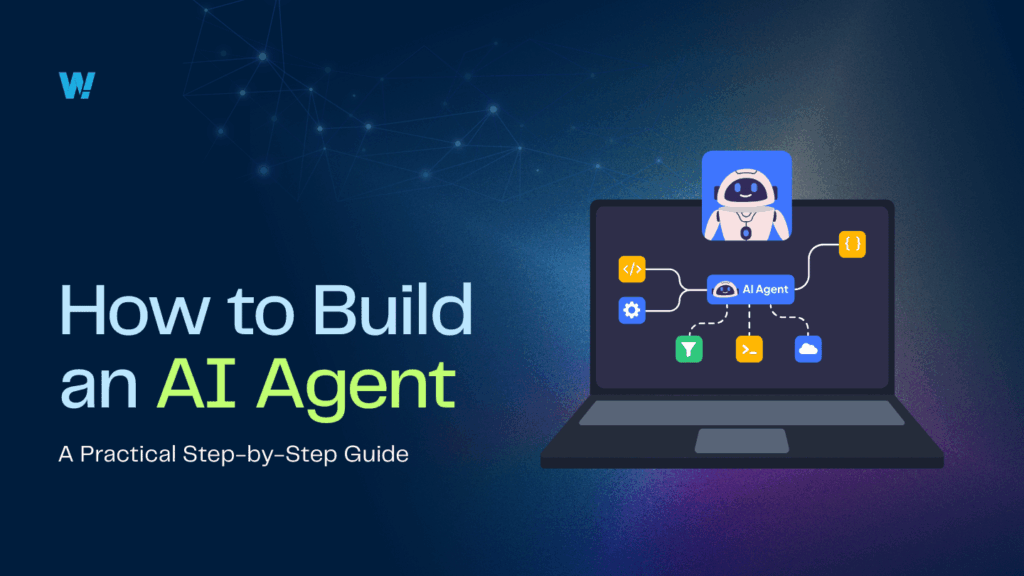 Hero banner: article titled 'How to Build an AI Agent' with a laptop diagram of an AI agent and a robot avatar