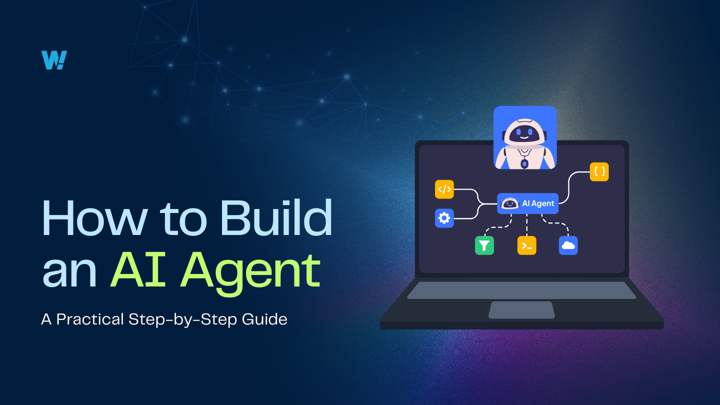 Hero banner: article titled 'How to Build an AI Agent' with a laptop diagram of an AI agent and a robot avatar