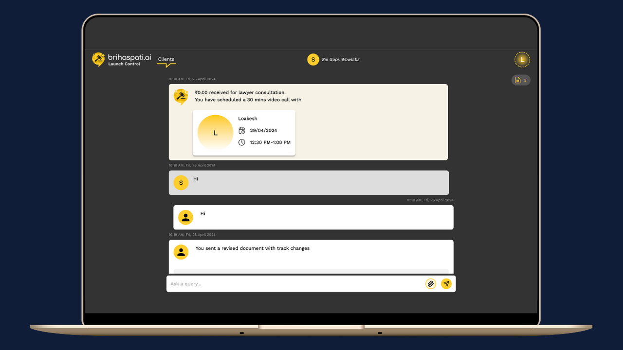 Brihaspati interface showing a legal consultation and generated documents