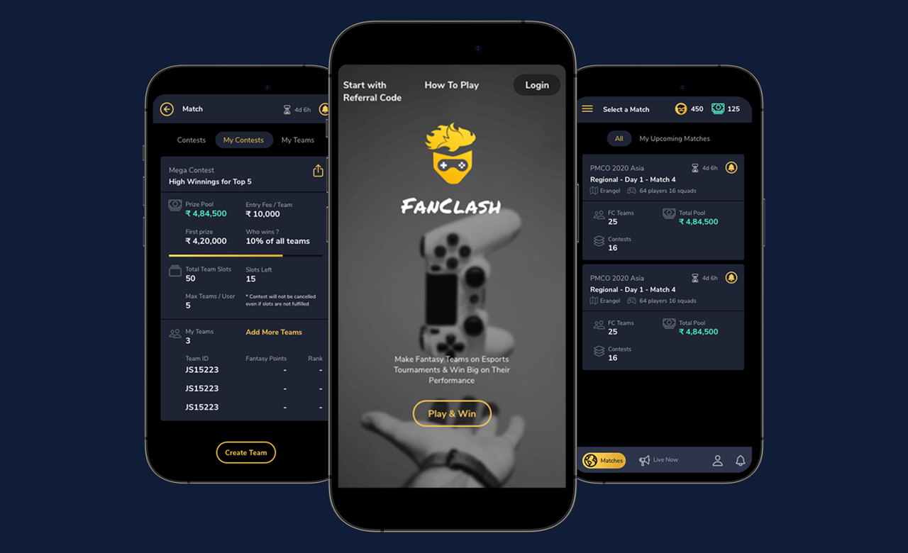 FanClash mobile screens showing contest entry, the how-to-play view and upcoming match selection
