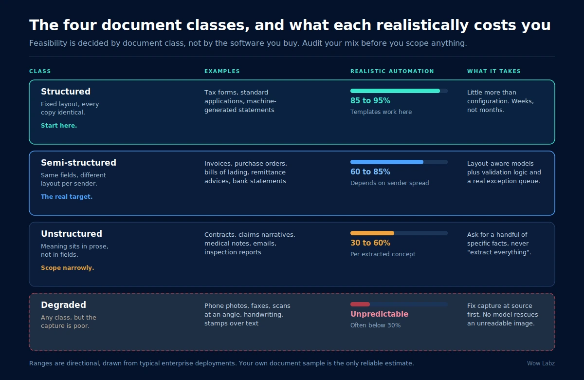 Diagram of four document classes for intelligent document processing with realistic automation rates for structured, semi-structured, unstructured and degraded documents