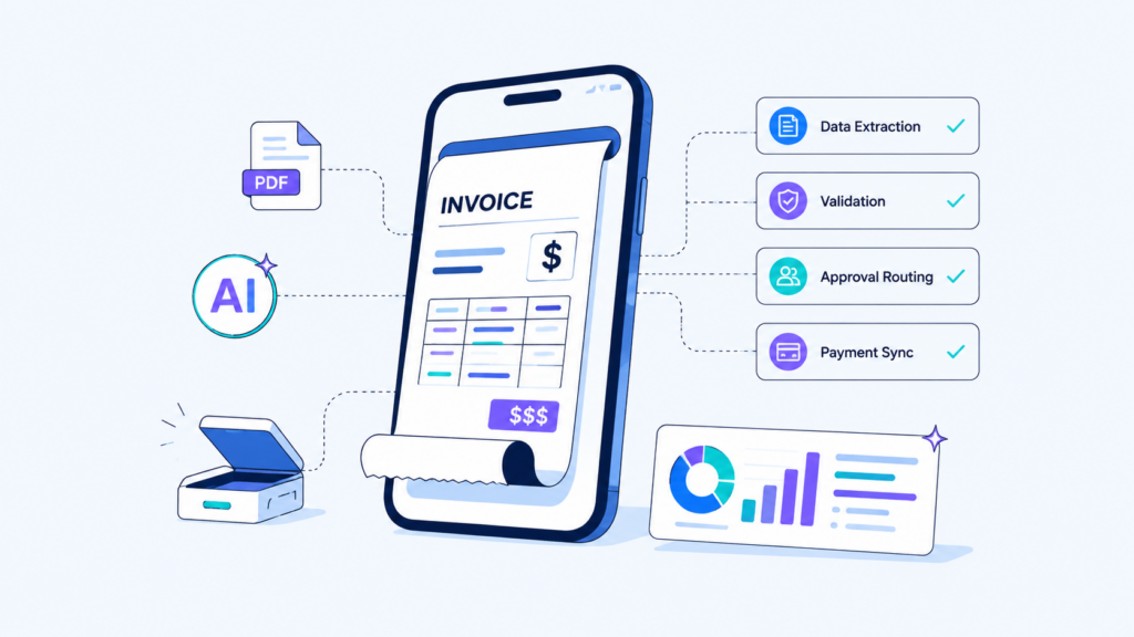 Smartphone with an invoice on screen connected to AI, PDF, and a four-step automated workflow: Data Extraction, Validation, Approval Routing, Payment Sync (infographic).