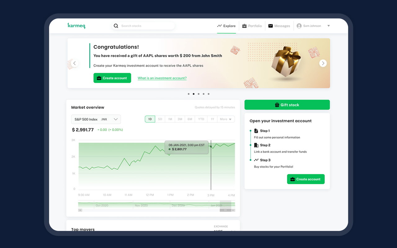 Karmeq dashboard showing a received gift of shares, a market overview chart and a three step account opening flow