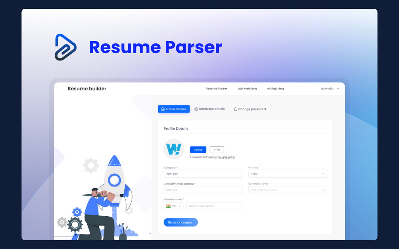 Resume Parser interface showing extracted candidate fields from an uploaded CV